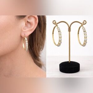 Gold Hoop Earrings with Cubic Zirconia 1.5”Drop Snap Post Closure